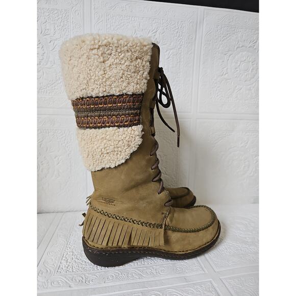 UGG Shoreline Shearling Sheepskin Leather Fringe Tall Boots Womens 7 Olive Green - Picture 11 of 15